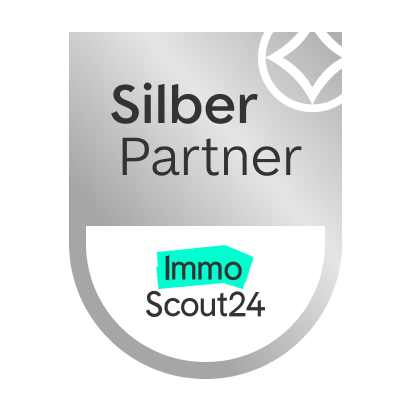 Silber Partner Immobilienscout24 Logo. Footer Auszeichnung. Immobilienexperte finden.